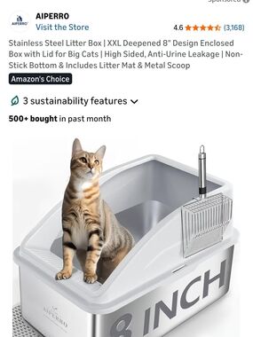 8-Inch Deep Stainless Steel Cat Litter Box - White and Silver
